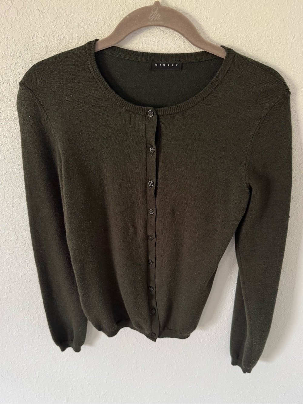 Sisley Olive Green Crewneck Button-Front Sweater Wool/Acrylic Size Medium
